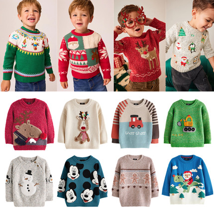 现货NEXT英国童装秋冬卡通新年圣诞老人麋鹿熊动物卡车针织衫毛衣