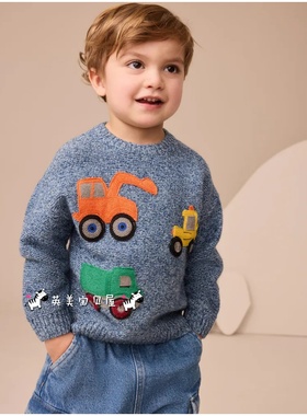 现货NEXT英国男童装25秋冬男宝蓝色卡通挖掘机卡车纹理针织衫毛衣