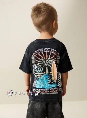 NEXT英国童装正品26夏男宝黑色卡通椰树海浪水洗做旧纯棉短袖T恤