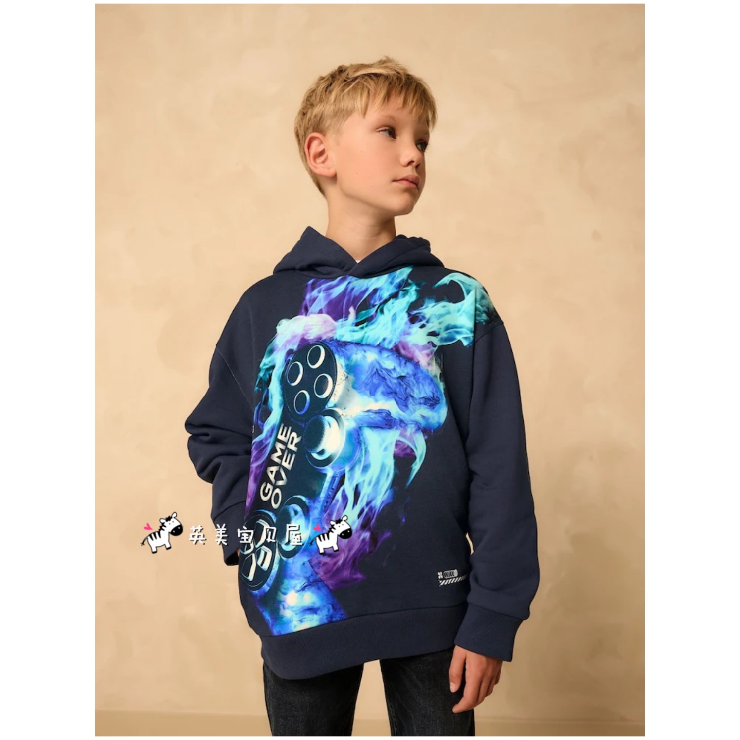 NEXT英国男童装正品25秋男大童深蓝色火焰游戏手柄连帽纯棉卫衣