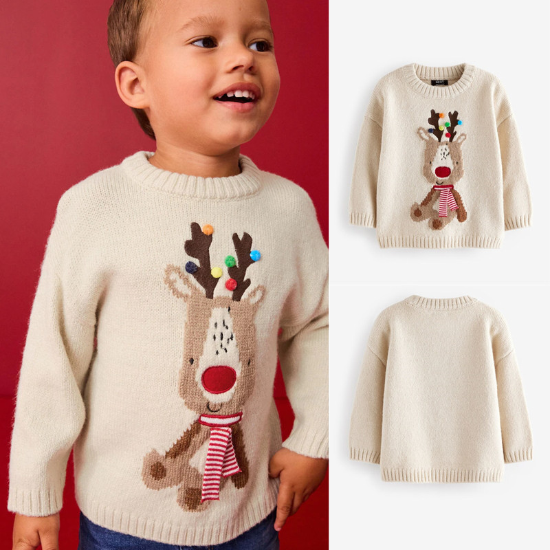 现货NEXT英国男童女童装正品25秋冬米白色卡通圣诞麋鹿针织衫毛衣