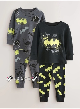 NEXT英国男童装正品25秋男宝黑灰色卡通蝙蝠侠长袖家居服2套装