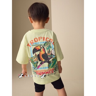 NEXT英国男童装正品26夏男宝浅黄色卡通鹦鹉短袖T恤骑行短裤套装