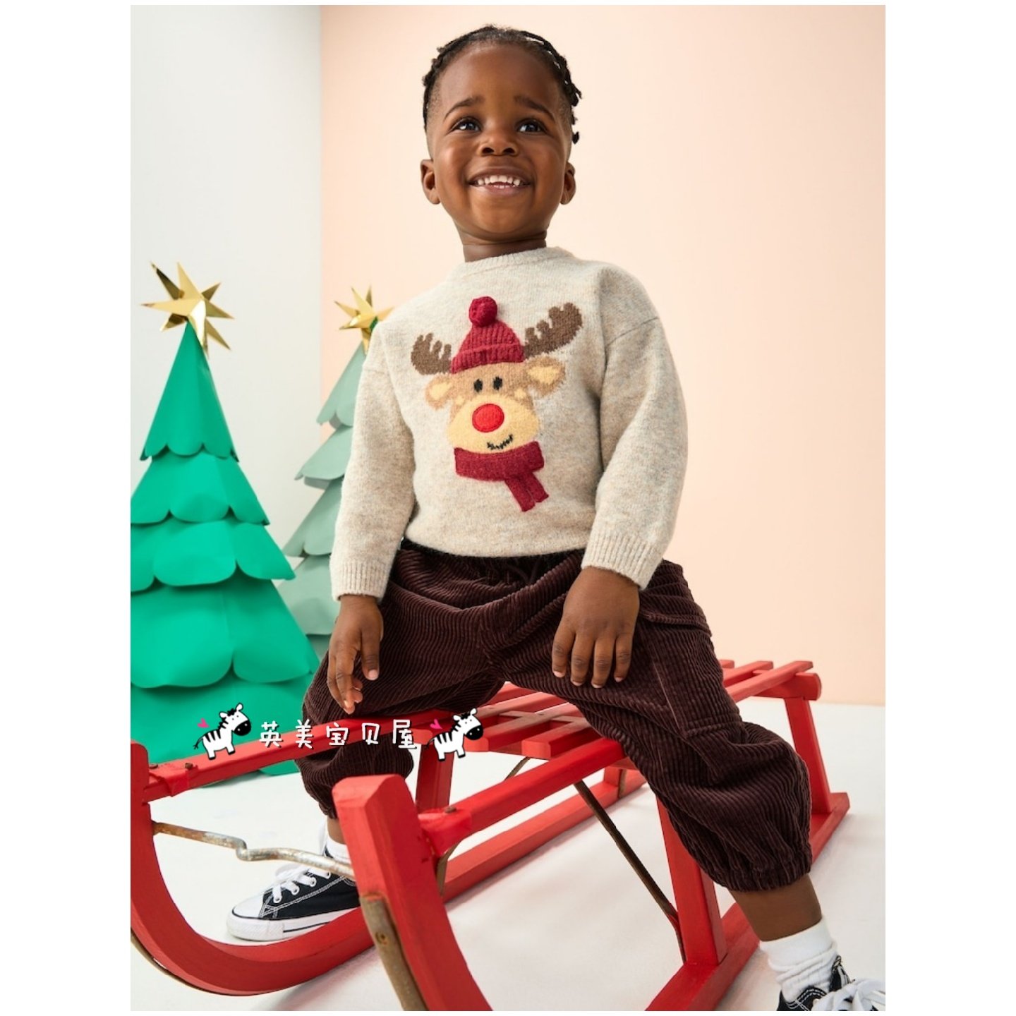 现货NEXT英国男童装25秋冬男宝米灰色纹理卡通圣诞麋鹿针织衫毛衣