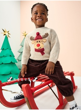现货NEXT英国男童装25秋冬男宝米灰色纹理卡通圣诞麋鹿针织衫毛衣