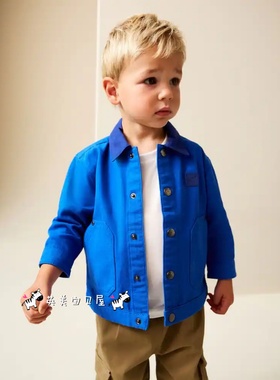 NEXT英国男童装正品26春男宝蓝色拼色翻领纯棉帆布工装夹克外套