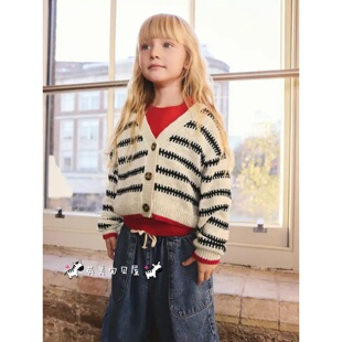 NEXT英国女童装正品26春女大童黑白齿状条纹纯棉V领毛衣针织开衫