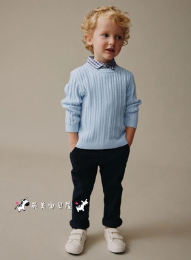 NEXT英国男童装正品26春男宝浅蓝色麻花纹格子衬衫领毛衣针织衫
