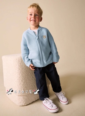 NEXT英国男童装正品26春男宝浅蓝色卡通小熊条纹拉链毛衣针织开衫