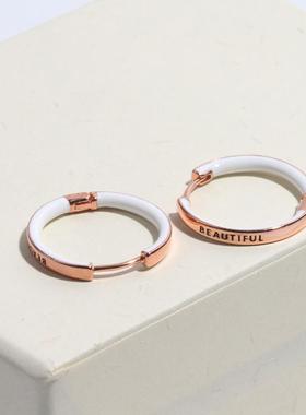 通体S925纯银字母耳圈女 玫瑰金色气质优雅耳环白色珐琅拼色圆圈