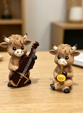 创意乐队高地牛奏乐树脂工艺品桌面家居可爱牛牛拉提琴装饰摆件