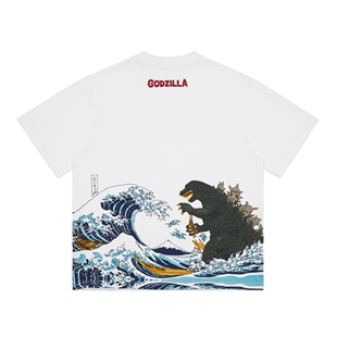 猴子商店 godzilla浮世绘海浪大怪兽哥斯拉日式海浪透气短袖T恤