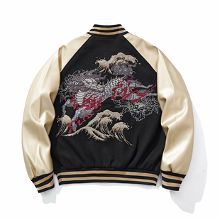 猴子商店新款 横须贺重工刺绣麒麟棒球服夹克男外套Sukajan国潮