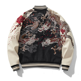 三龙刺绣PU皮袖 棒球服宽松毛呢 夹克外套男女中国风个性