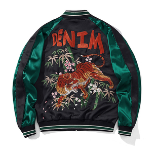 猴子商店 夹克外套重工老虎刺绣棒球服绣花横须贺 竹虎中国风男士