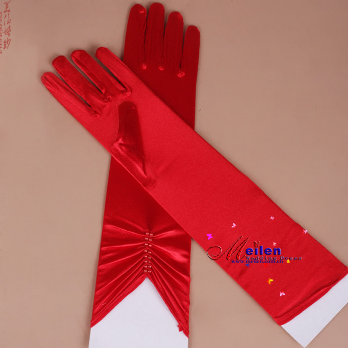 40cm Long Red Satin Beaded Gloves Bridal Wedding Dress Accessories long gloves 5056