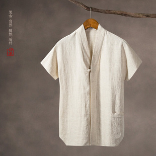薄款 短袖 夏季 中国风男装 禅意茶服 盘扣棉麻衬衫 宽松汉服禅服中式