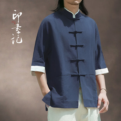 衬衣夏季新中式唐装男式亚麻短袖衬衫宽松中国风棉麻拼色五分袖