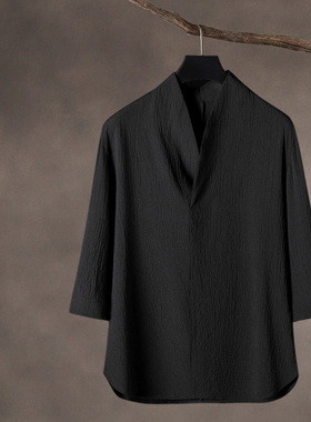 中国风男装夏季复古风冰丝T恤短袖男士套装上衣V领中式汉服七分袖