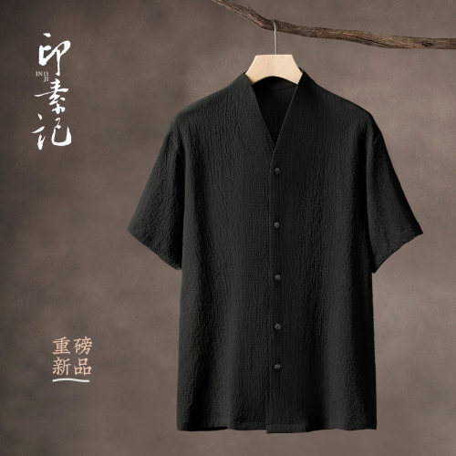中国风男装夏季冰丝抗皱款新中式短袖禅意衬衣V领开衫中式男薄T恤