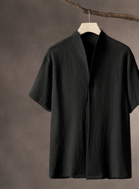 中国风男装夏季薄款凉感冰丝无感T恤短袖V领开衫中式汉服短袖套装