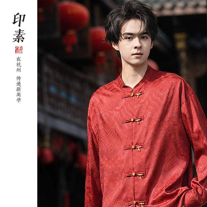 春款中国风男装织锦缎海水纹情侣上衣男中式盘扣立领衬衫打底衫
