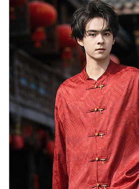 春款中国风男装织锦缎海水纹情侣上衣男中式盘扣立领衬衫打底衫