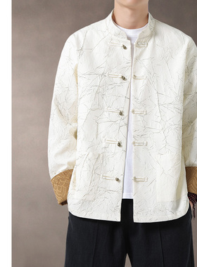 印素秋装新中式男装秋季复古铜扣唐装汉服立领盘扣薄款外套禅修服