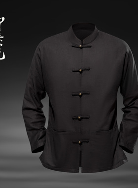100%纯棉春秋款中式唐装男中国风夹克复古盘扣汉服宽松大码男外套