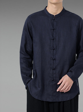 100%纯亚麻新款男长袖衬衫中国风立领春秋款麻料衬衣盘扣复古休闲
