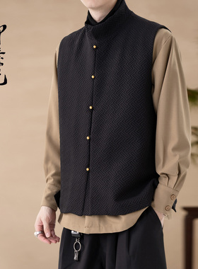 印素春秋季新中式马甲男中国风立领唐装古风无袖宽肩背心坎肩外套