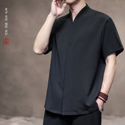 夏季薄款中国风男装短袖冰丝V领宽松开衫汉服中式禅意茶服白套装