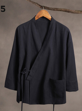 中国风苎麻汉服男装中式改良唐装青年国潮斜襟棉麻家居服古风道袍