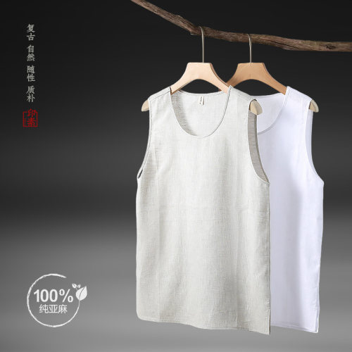 小背心100%纯亚麻夏季男式休闲背心坎肩复古纯色轻薄无袖套头衫