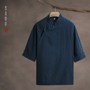 印素复古男装立领偏襟短袖铜扣上衣夏季薄款T恤茶服衬衫修行外套