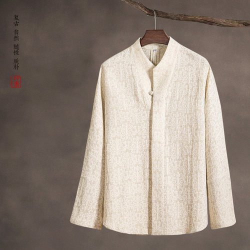 印素春款中国风汉服道袍衬衫男士棉麻中式提花唐装大码宽松外套