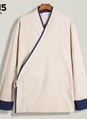 春秋长袖斜襟中国风亚麻男短袖中式汉服古装宽松居士服棉麻道服潮