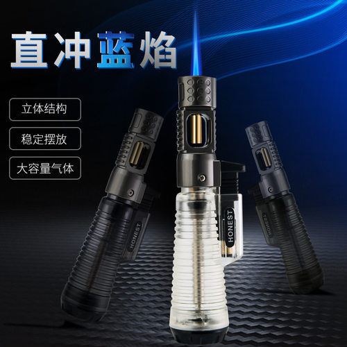 百诚银斗新款防风直冲打火机可视透明气箱高温小焊枪艾灸点香烟具