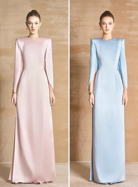 越南小众设计师气质简约缎面修身长款礼服裙女名媛风披肩袖连衣裙