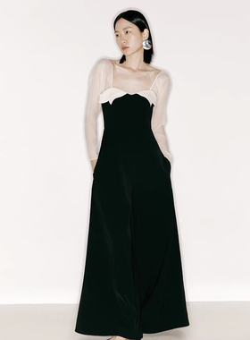 越南小众设计师复古气质黑白撞色显瘦长袖高腰阔腿连衣裤通勤女