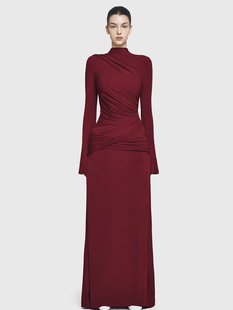 越南设计师复古气质弹力长裙修身收腰褶皱半高领长袖打底连衣裙