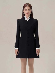 越南设计师新款 小众立领复古气质a字小黑裙收腰显瘦连衣裙女通勤