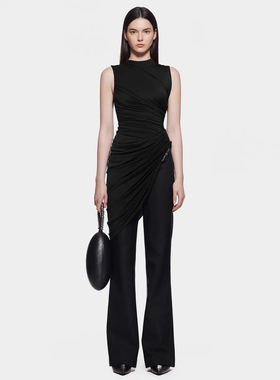 越南小众设计师高级感气质纯色抽褶修身无袖上衣不对称阔腿裤套装