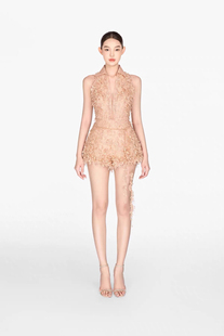 连体裤 越南小众设计师法式 气质重工烧花镂空立体花朵收腰显瘦无袖