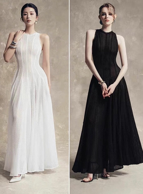 越南小众设计师气质收腰显瘦大摆长裙复古镂空蕾丝无袖背心连衣裙