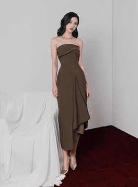 设计感不规则抹胸小礼服越南设计师气质美拉德色收腰显瘦连衣裙