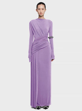 越南小众设计师优雅气质针织弹力褶皱长裙女不对称收腰显瘦连衣裙