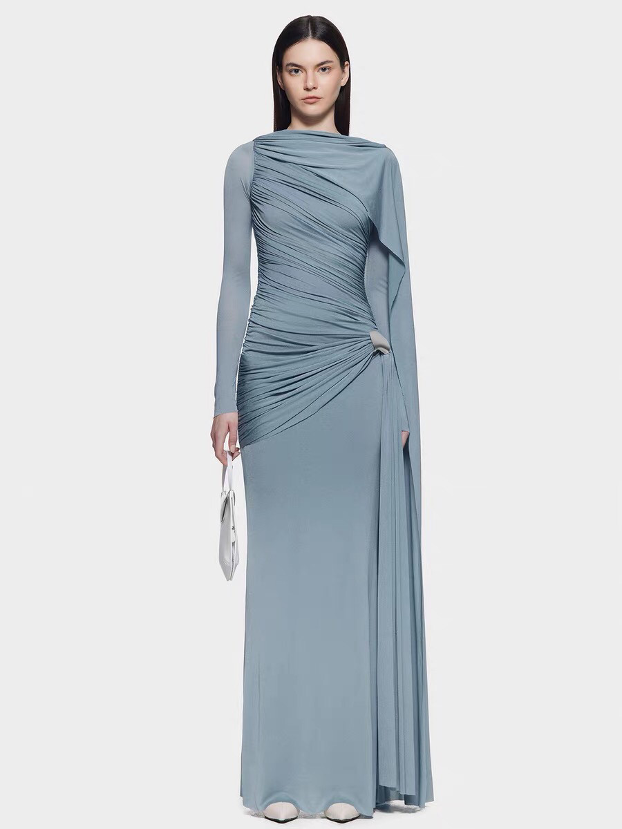 越南小众设计师气质不对称抽褶长裙拖地礼服女弹力针织披风连衣裙