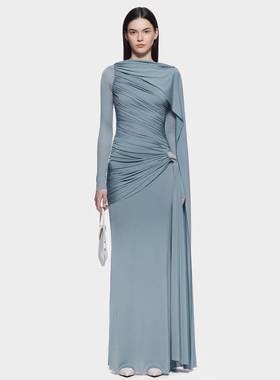 越南小众设计师气质不对称抽褶长裙拖地礼服女弹力针织披风连衣裙