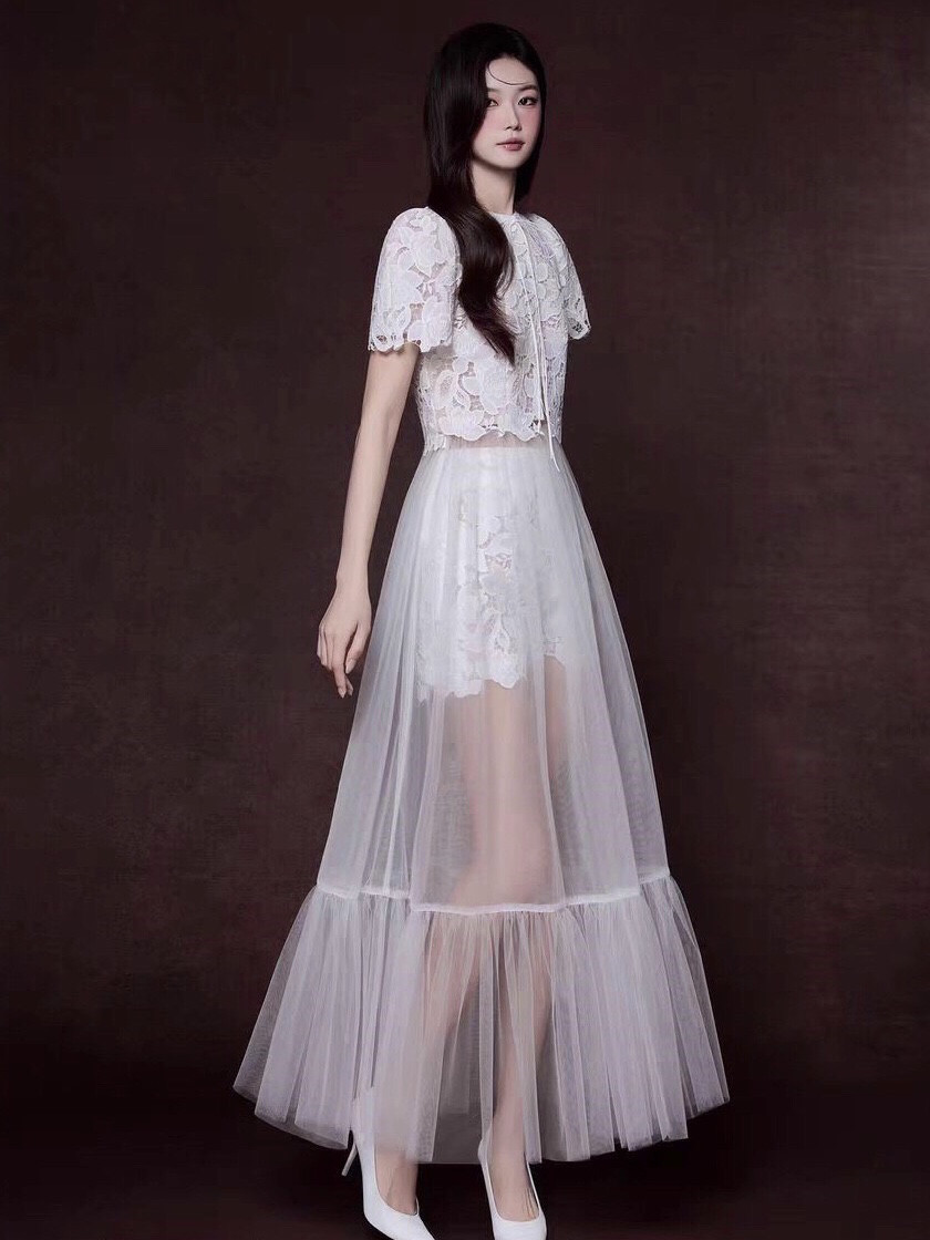 越南小众设计师气质系带短袖上衣短裤薄纱裙蕾丝透视罩衫套装裙